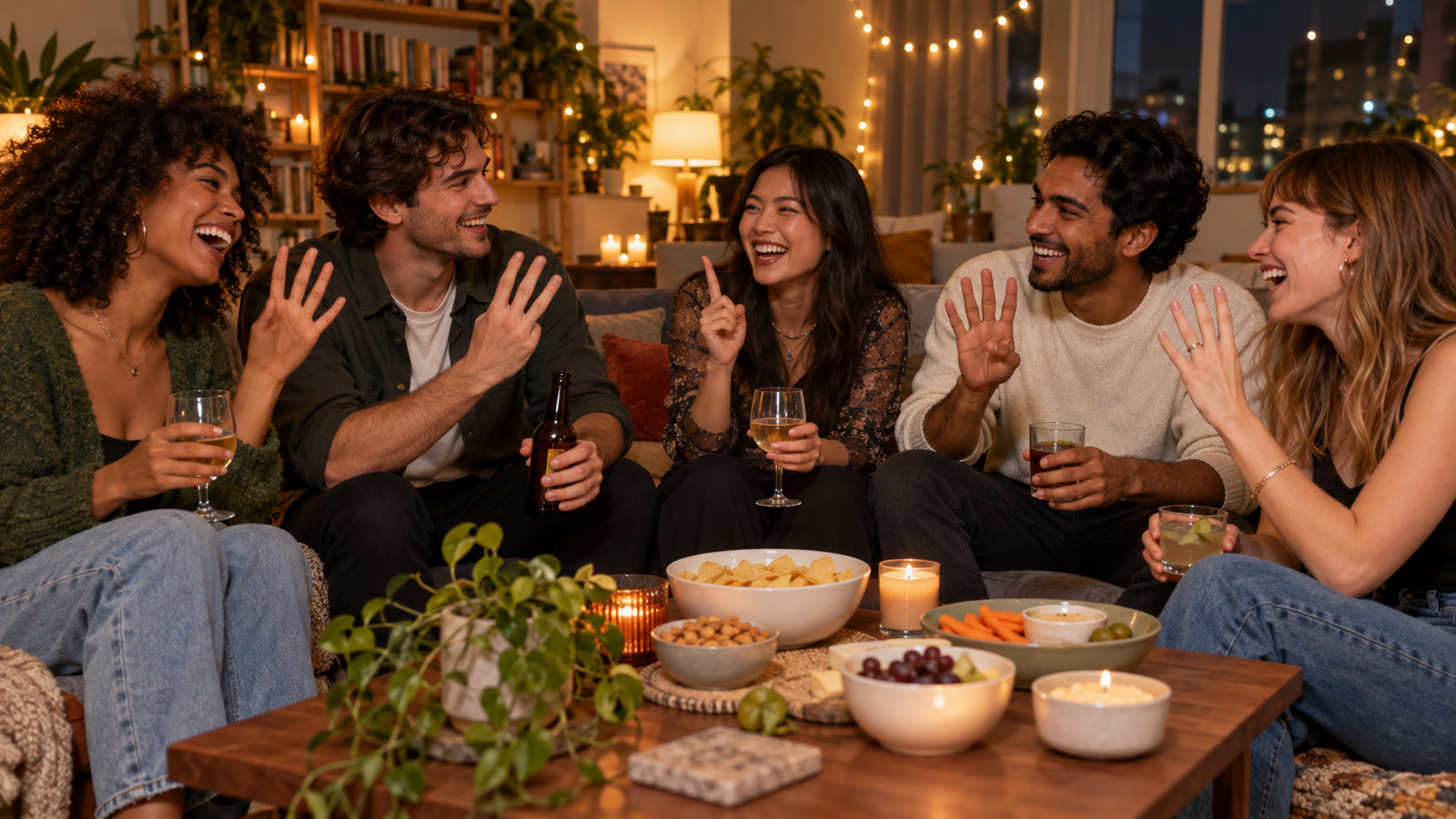 Five friends in their twenties around a coffee table at a cosy house party at night, laughing and holding up their fingers while playing Never Have I Ever, with drinks and snacks under warm string lights