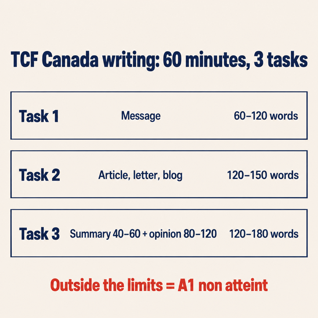 Card summarising the TCF Canada writing format: 60 minutes, Task 1 message 60 to 120 words, Task 2 article or letter 120 to 150 words, Task 3 summary and opinion 120 to 180 words, outside the limits means A1 non atteint