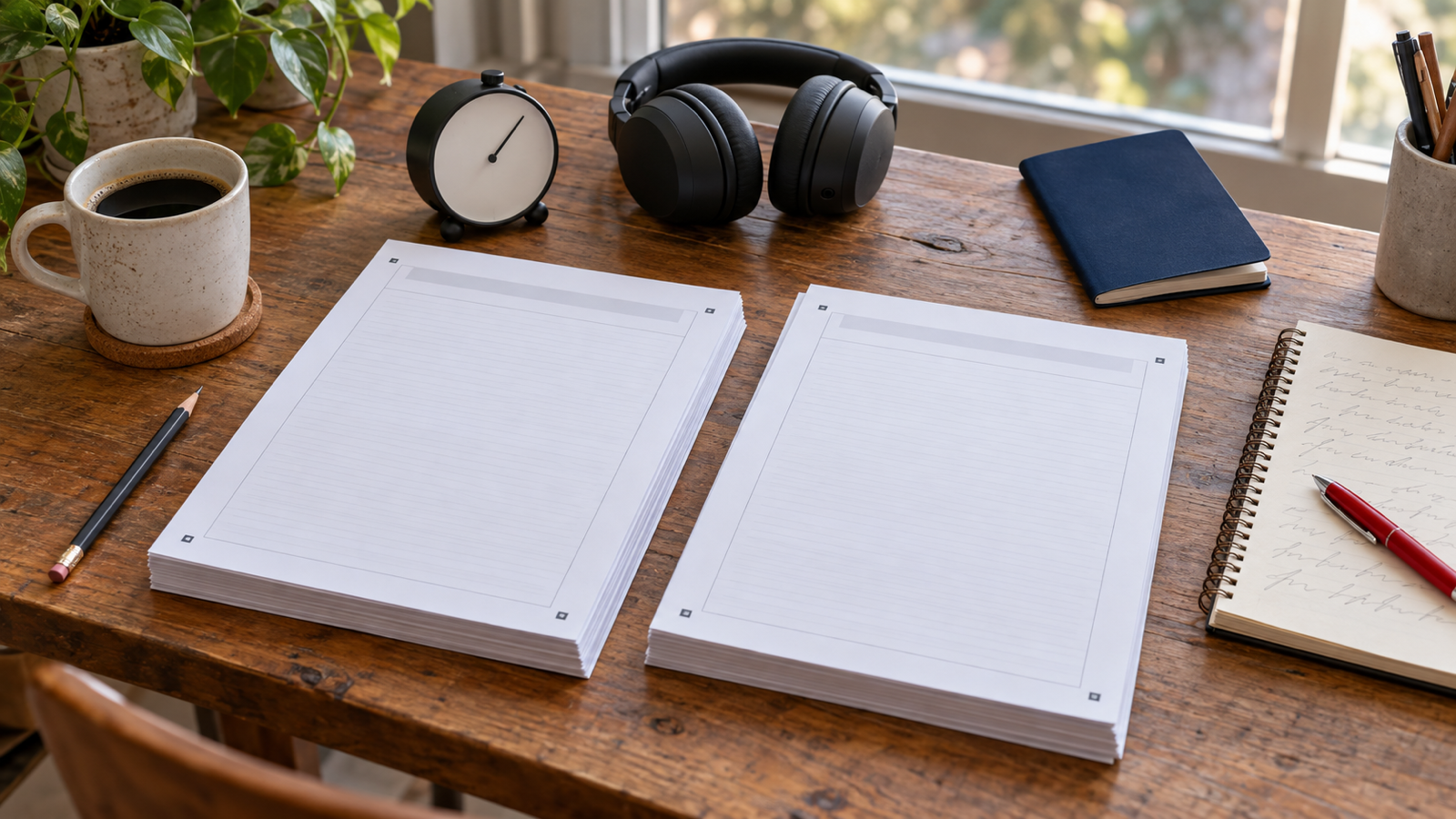 Two stacks of blank exam answer sheets side by side on a wooden desk with headphones, a timer, a navy passport and a red pen