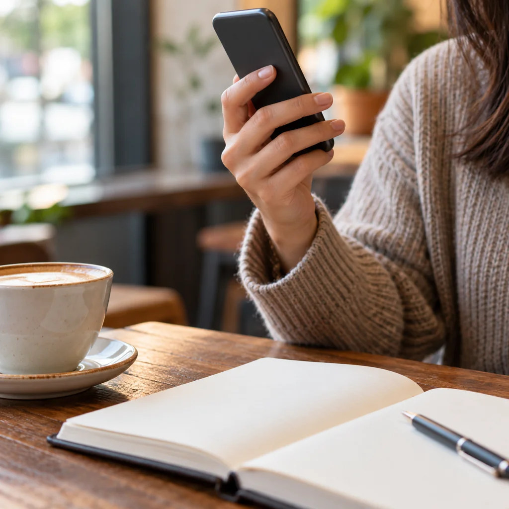 A hand holding a phone over a cafe table to record a voice memo, with an open notebook and pen beside it in soft window light