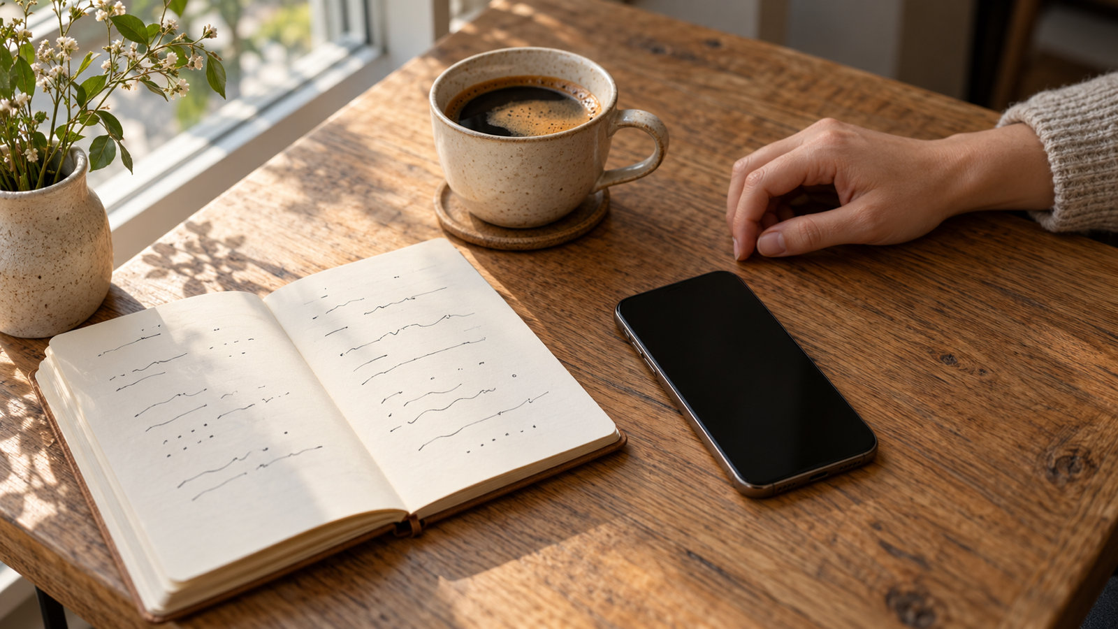 A phone lying face up on a wooden cafe table next to an open notebook and a cup of coffee, a hand resting beside it, soft daylight from a window