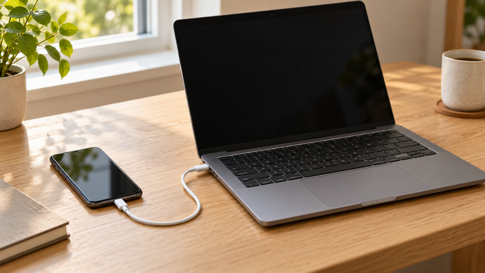 A Windows laptop and an Android phone side by side on a light wooden desk, joined by a short USB-C cable, photographed from above in daylight