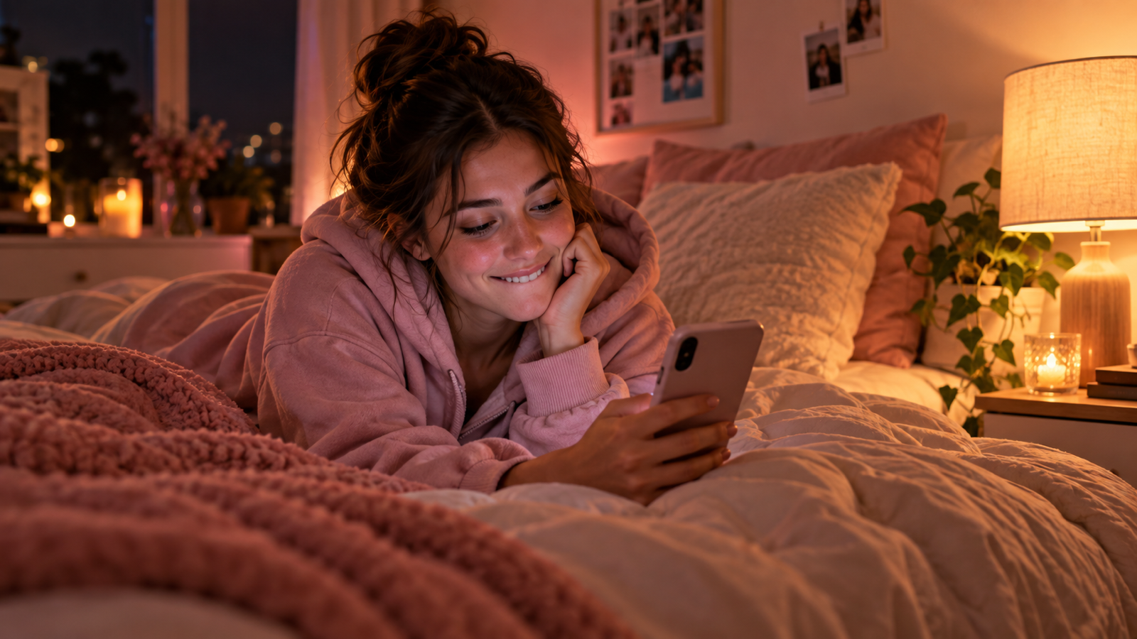 A young woman in a pink hoodie lying on her bed at night, smiling at her phone by the light of a bedside lamp