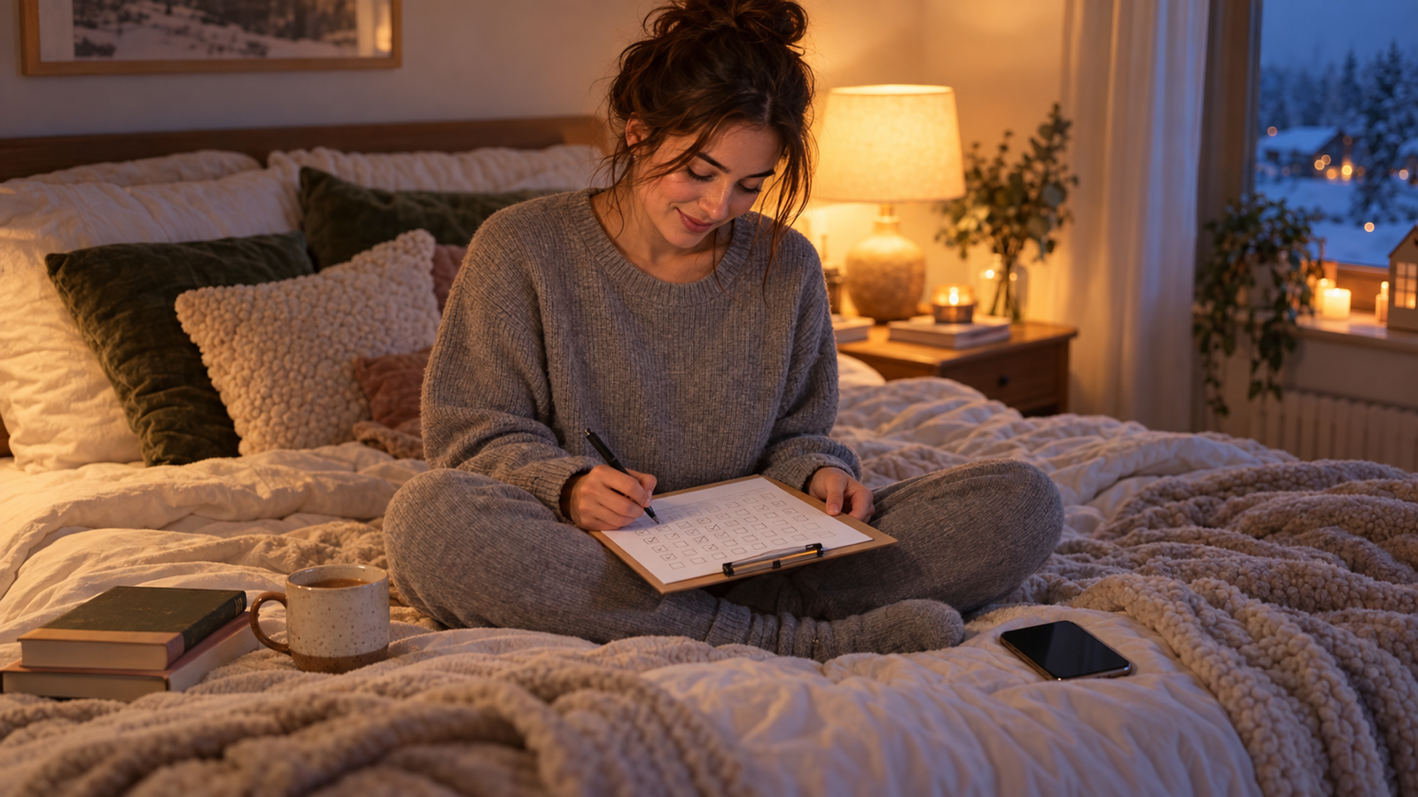 A young woman sitting cross-legged on a bed in loungewear ticking off a paper habit tracker on a clipboard, lamplight and a mug beside her