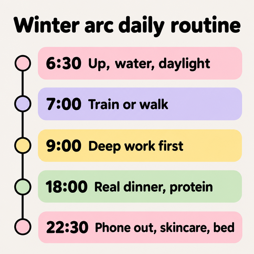 Timeline card of a winter arc daily routine: 6:30 up, water and daylight; 7:00 train or walk; 9:00 deep work first; 18:00 real dinner with protein; 22:30 phone out, skincare and bed