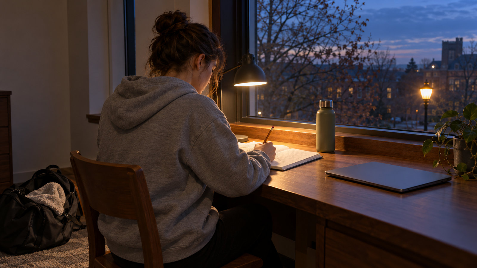 A student in a hoodie studying at a desk by a window on a dark winter afternoon, a gym bag on the floor and a water bottle next to an open notebook