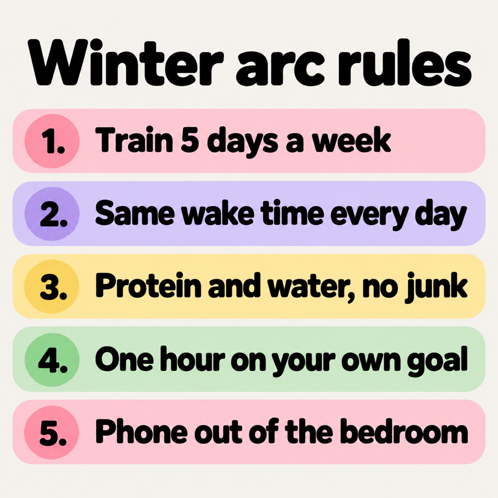 Card with the five winter arc rules: one, train five days a week; two, same wake time every day; three, protein and water, no junk; four, one hour on your own goal; five, phone out of the bedroom