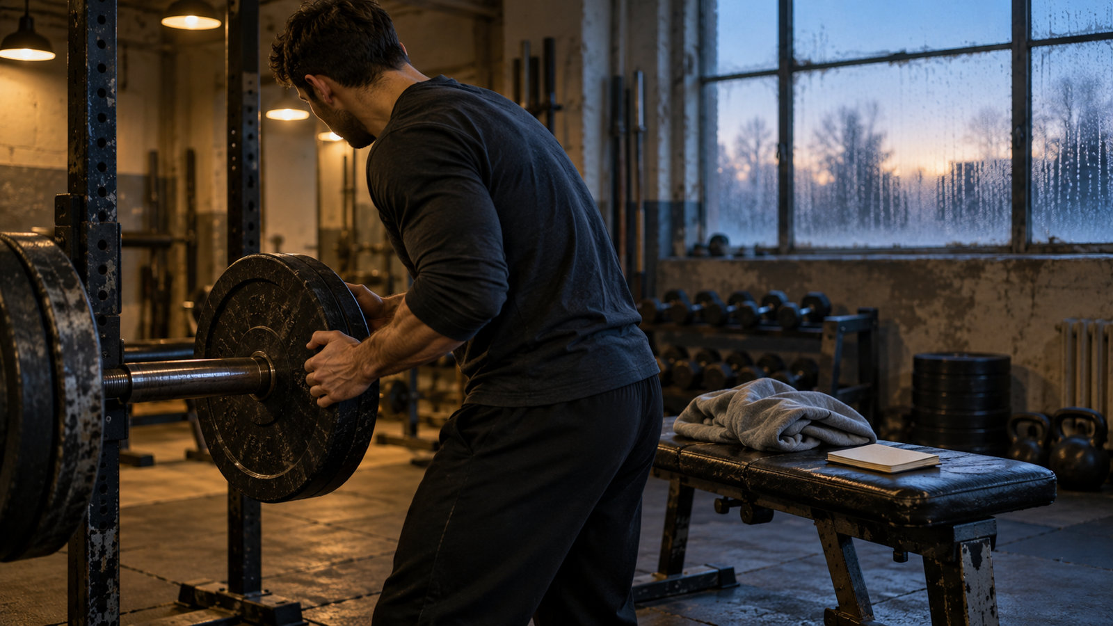 A man in his late twenties loading a barbell in a quiet gym before sunrise, a hoodie and a notebook resting on the bench behind him