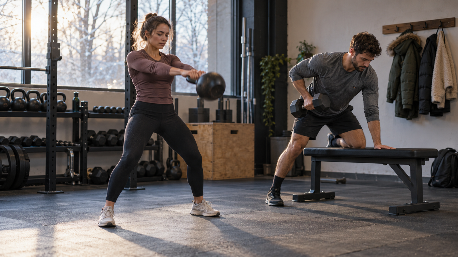 A young man and a young woman training side by side in a simple gym early in the morning, winter coats hung on a hook behind them