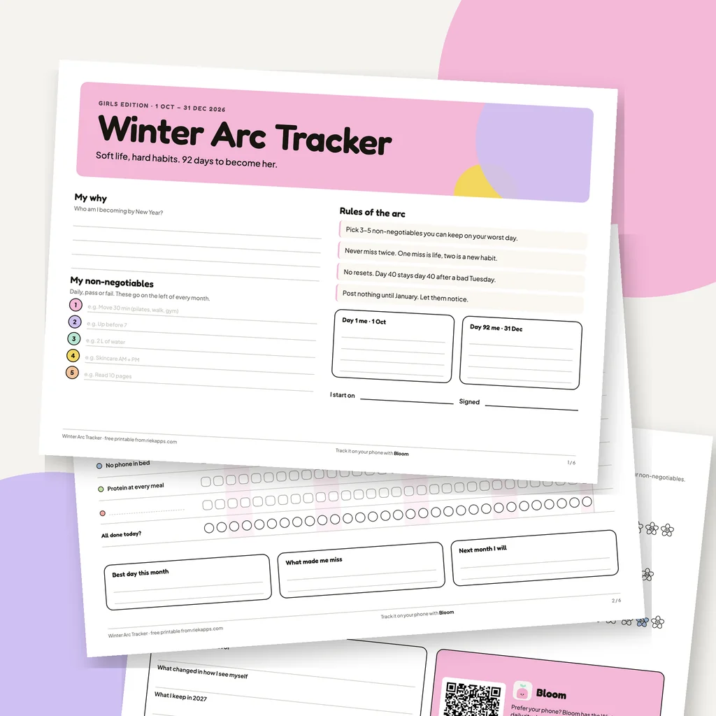 Three pages of the free girls winter arc tracker PDF fanned out: the pink Winter Arc Tracker cover page with my why, non-negotiables and rules of the arc, the October habit grid with pastel habit dots, and the 92-day flower streak page