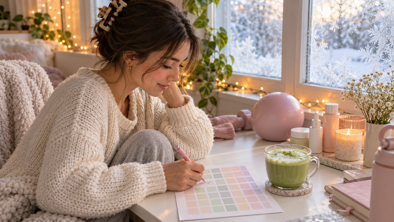 A young woman in a cream knit sweater ticking a box on a pastel printed habit tracker sheet at a desk by a frosty window, with a matcha latte, a pilates ball and skincare bottles beside her